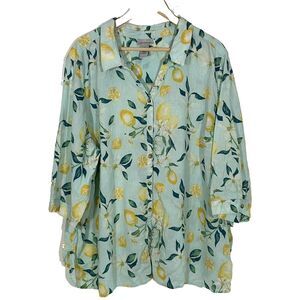 Catherines Top Size 4x Button Front Linen Blend Lemon Floral Print Short Sleeve